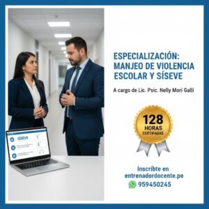 Flyer oficial SOCIAL STRATUM - Especialización Manejo de Violencia Escolar y Plataforma SÍSEVE 128 Horas - Lic. Psic. Nelly Mori Galli.